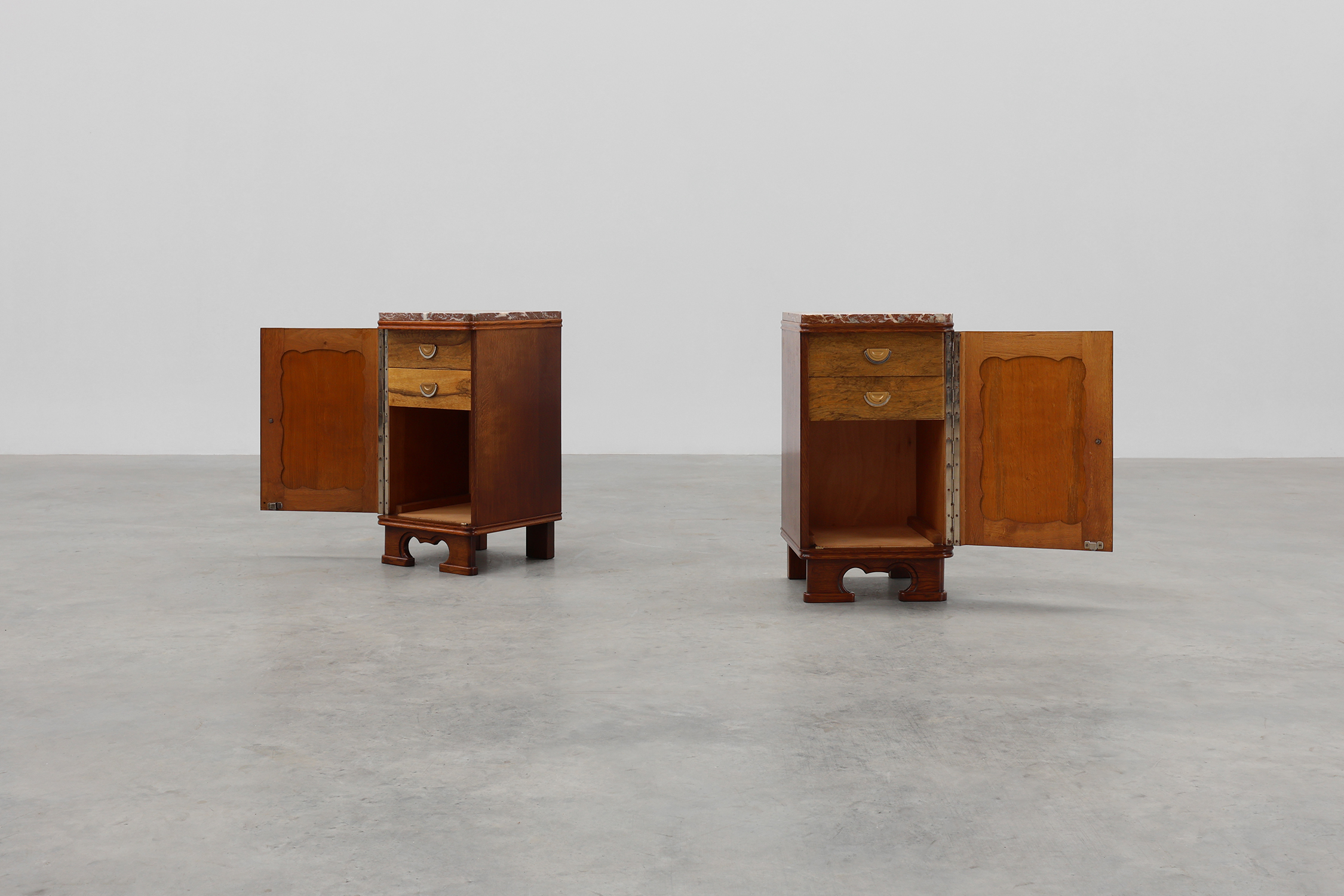 Pair of Art Deco nightstands in oak with marble top, France ca. 1925thumbnail